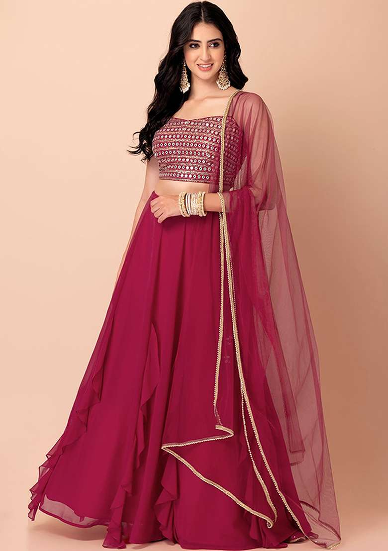 Pink Georgette Lehenga Set with Embroidered for Diwali | Wedding & Festive Wear - Indya
