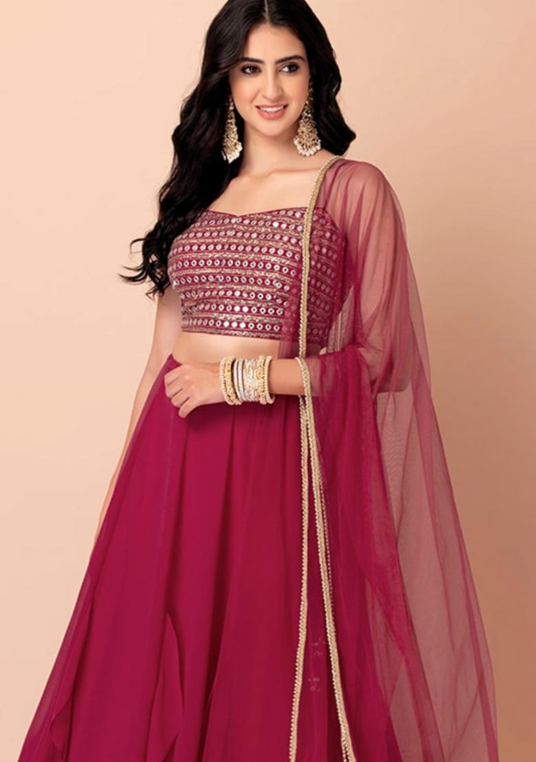 Pink Embroidered Georgette Lehenga Set - Indya