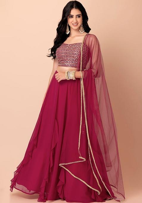 Pink Embroidered Georgette Lehenga Set — view on Indya