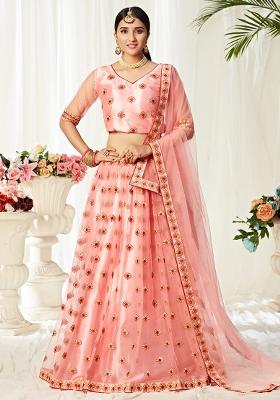Pink Embroidered Net Lehenga Set