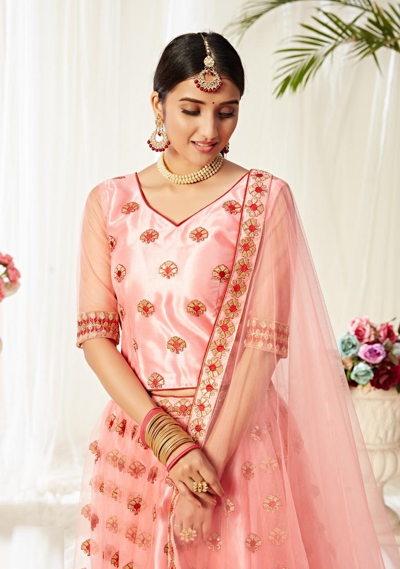 Pink Embroidered Net Lehenga Set - Indya