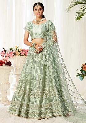 Mint Embroidered Net Lehenga Set