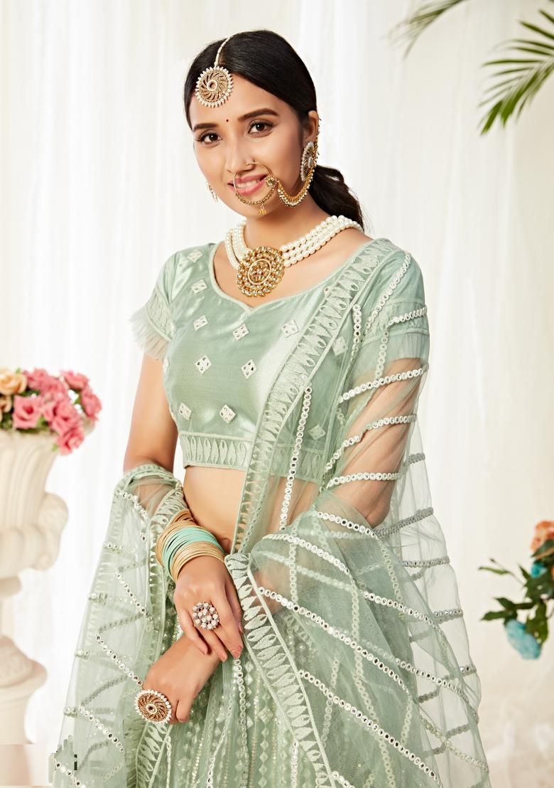 Mint Embroidered Net Lehenga Set - Indya
