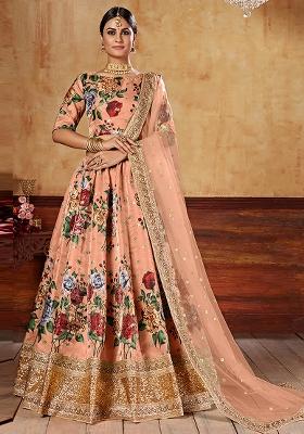 Peach Embroidered Art Silk Lehenga Set