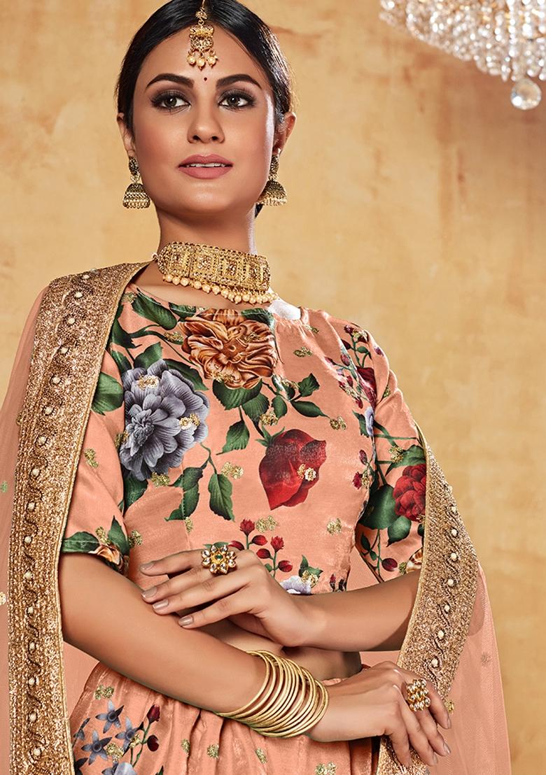 Peach Embroidered Art Silk Lehenga Set - Indya