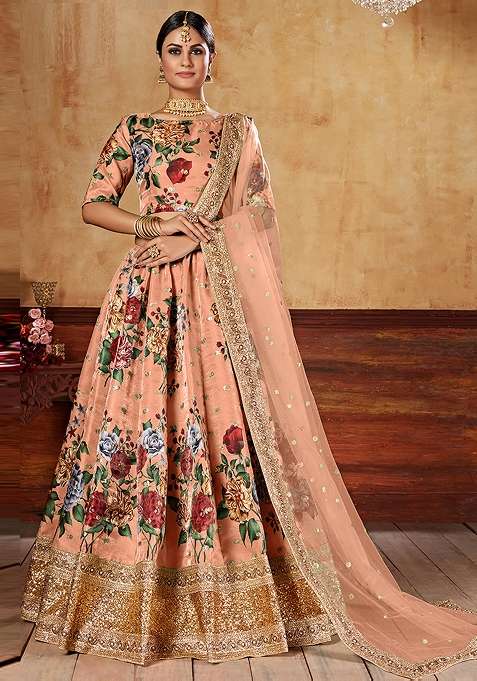 Peach Art Silk Lehenga Set with Embroidered for Diwali | Wedding & Festive Wear