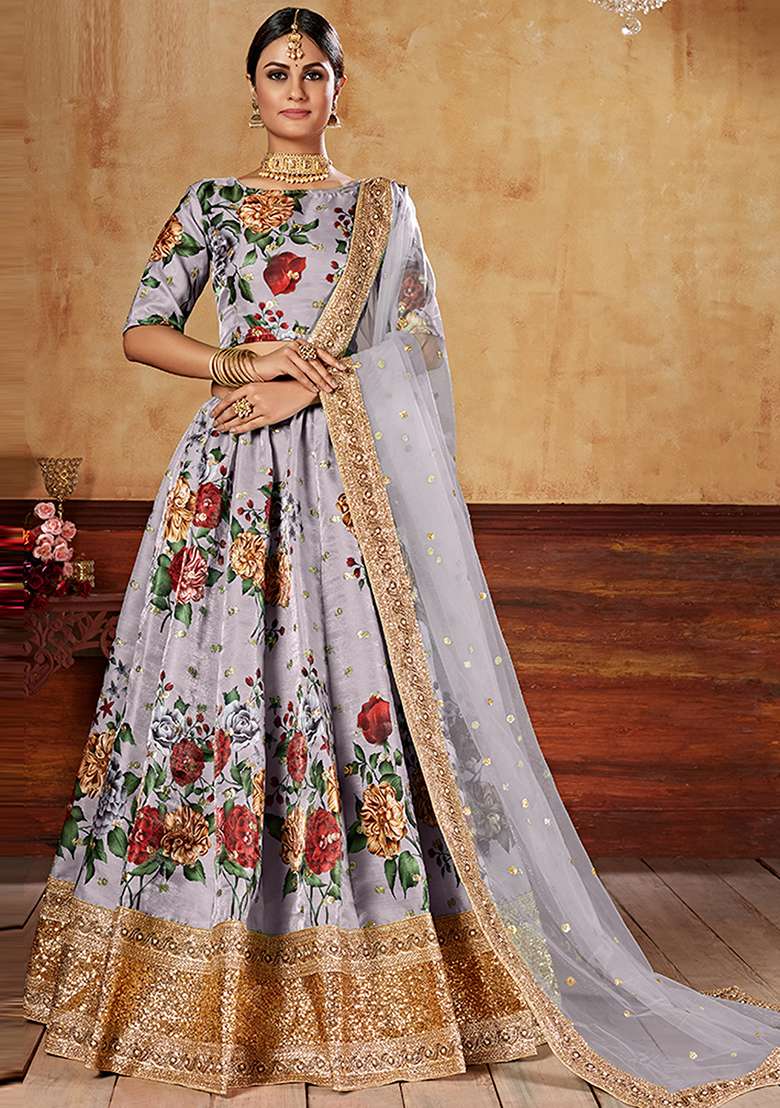 Lavender Embroidered Art Silk Lehenga Set for Diwali and Festive Wear - Indya