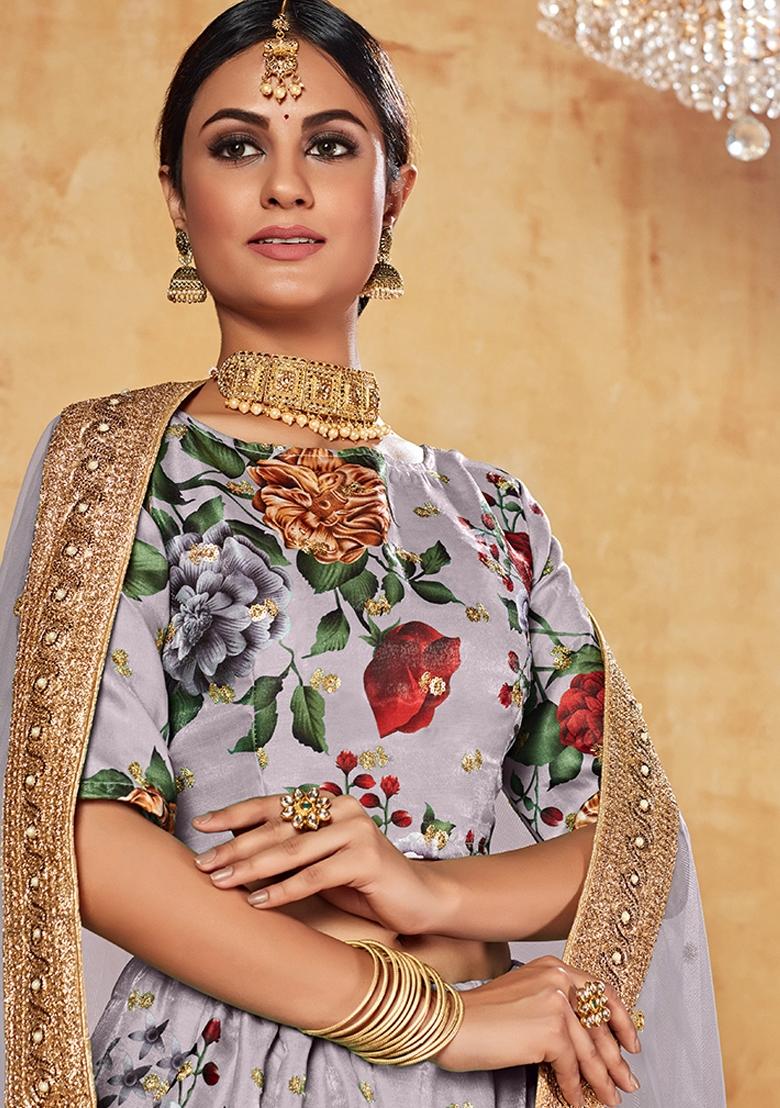 Lavender Embroidered Art Silk Lehenga Set - Indya
