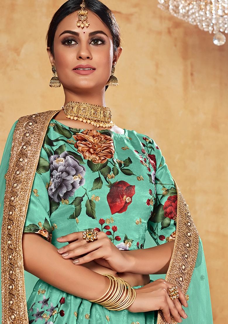 Blue Embroidered Art Silk Lehenga Set - Indya