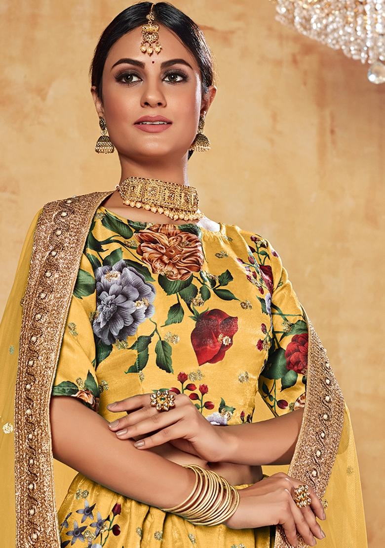 Yellow Embroidered Art Silk Lehenga Set - Indya