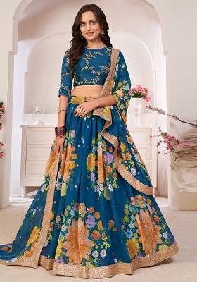Blue Embroidered Georgette Lehenga Set