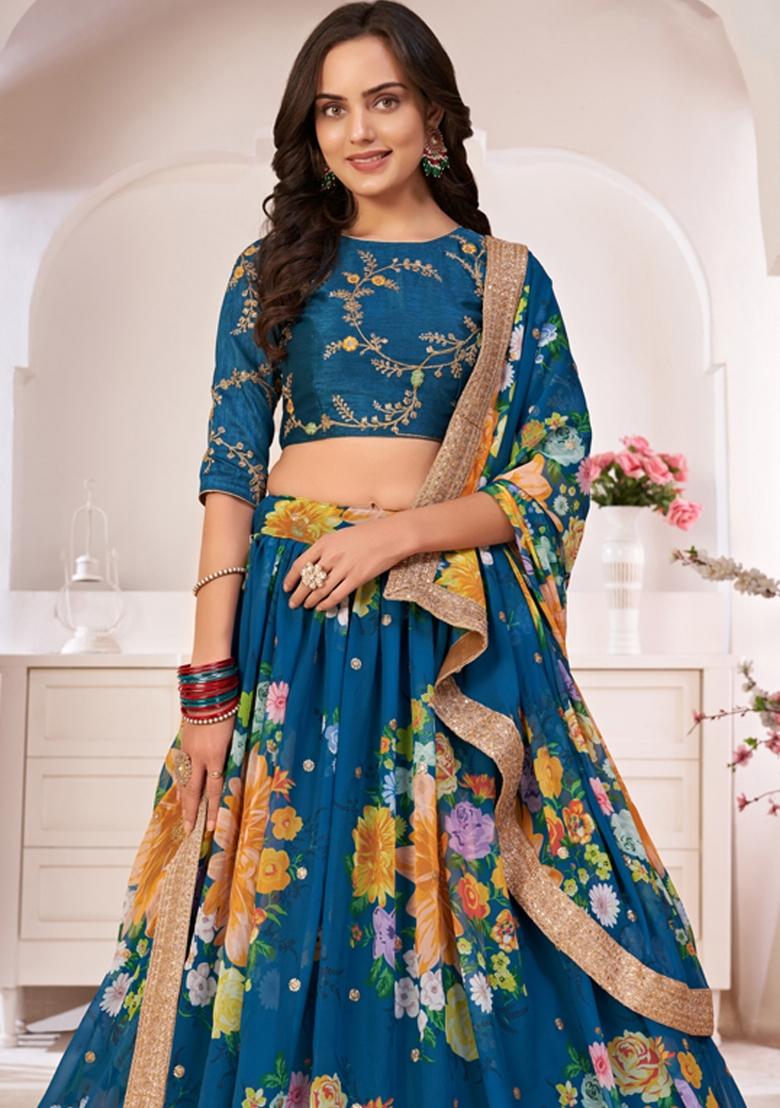 Blue Embroidered Georgette Lehenga Set - Indya