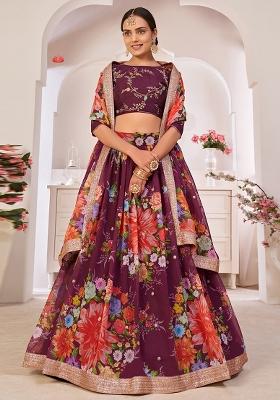 Purple Embroidered Georgette Lehenga Set