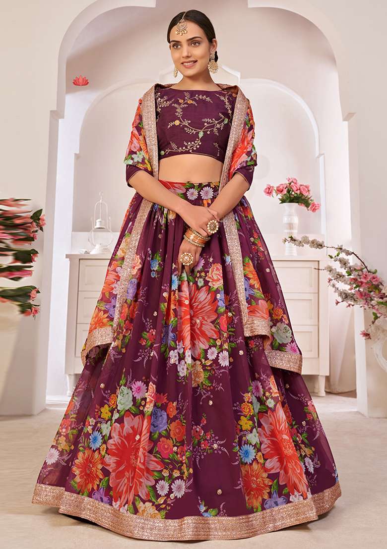 Purple Georgette Lehenga Set with Embroidered for Diwali | Wedding & Festive Wear - Indya
