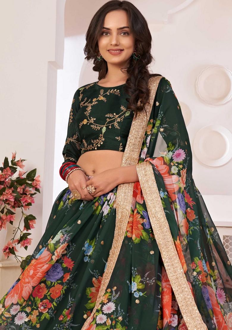 Green Embroidered Georgette Lehenga Set - Indya