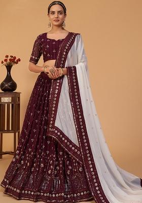 Wine Embroidered Georgette Lehenga Set