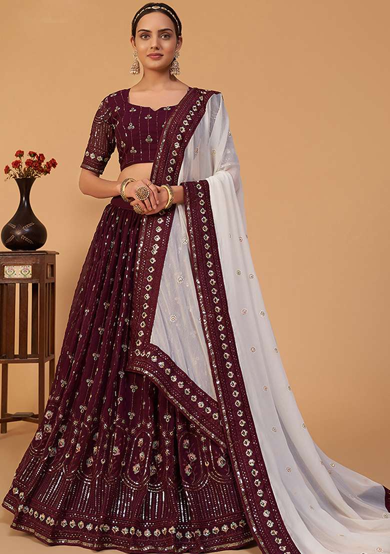 Wine Embroidered Georgette Lehenga Set - Indya