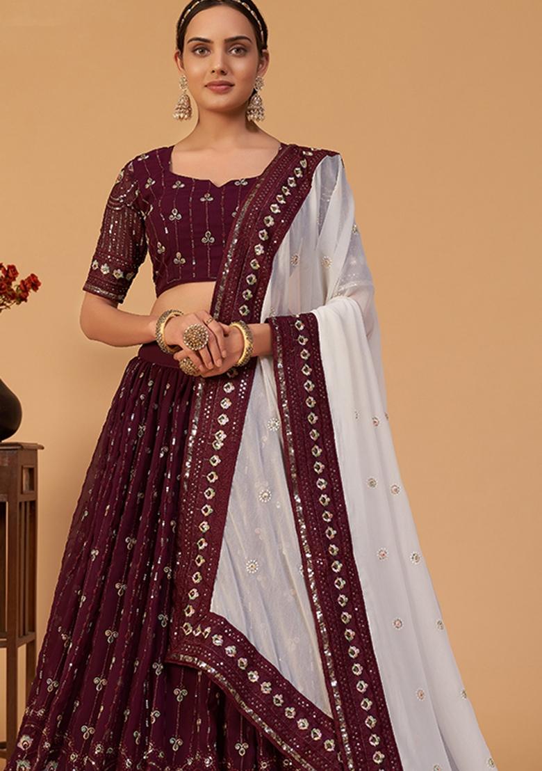 Wine Embroidered Georgette Lehenga Set - Indya