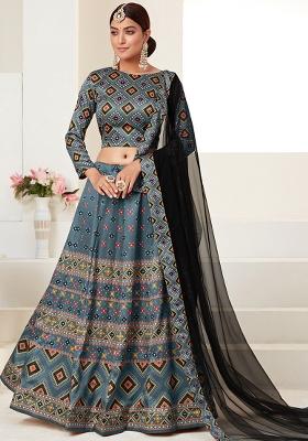 Teal Blue Embroidered Art Silk Lehenga Set