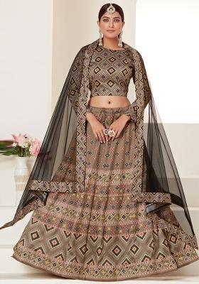 Brown Embroidered Art Silk Lehenga Set