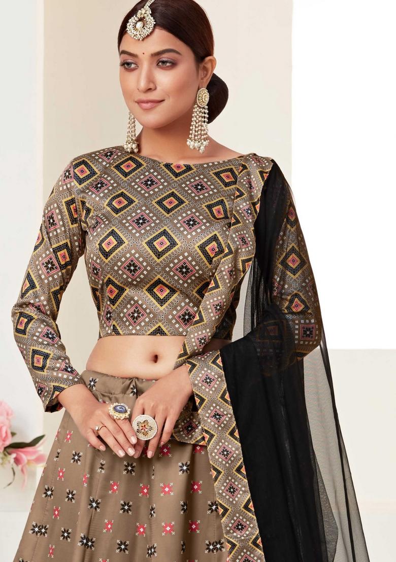 Brown Embroidered Art Silk Lehenga Set - Indya