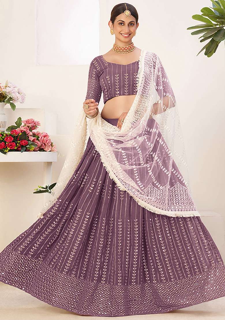 Lavender Georgette Lehenga Set with Embroidered for Diwali | Wedding & Festive Wear - Indya
