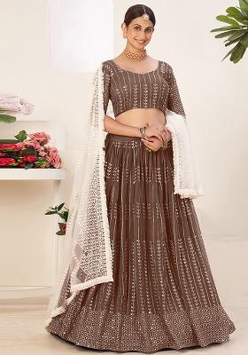 Brown Embroidered Georgette Lehenga Set