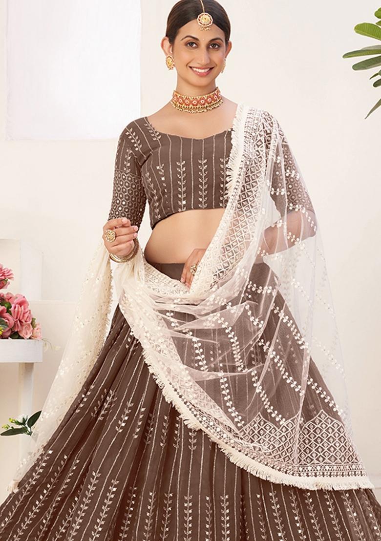 Brown Embroidered Georgette Lehenga Set - Indya