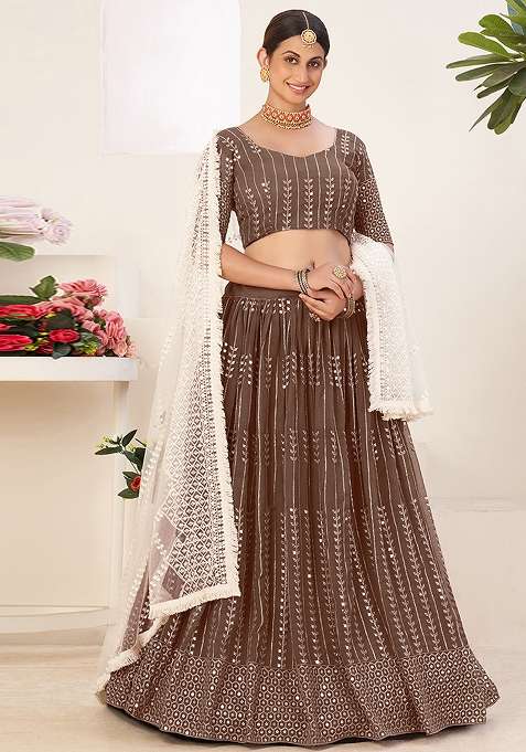 Brown Embroidered Georgette Lehenga Set for Diwali and Festive Wear