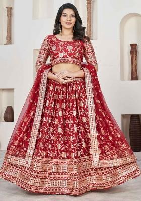 Red Embroidered Jacquard Lehenga Set