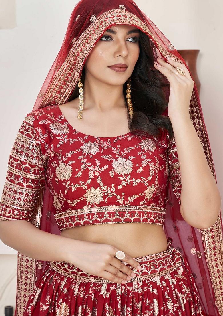 Red Embroidered Jacquard Lehenga Set - Indya
