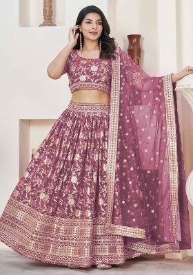 Mauve Embroidered Jacquard Lehenga Set