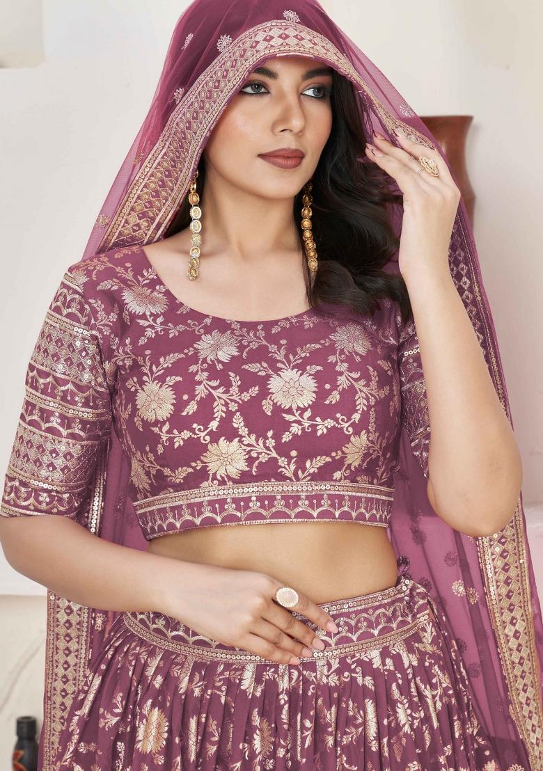 Mauve Embroidered Jacquard Lehenga Set - Indya