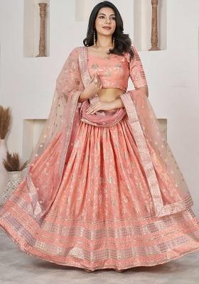 Peach Embroidered Jacquard Lehenga Set