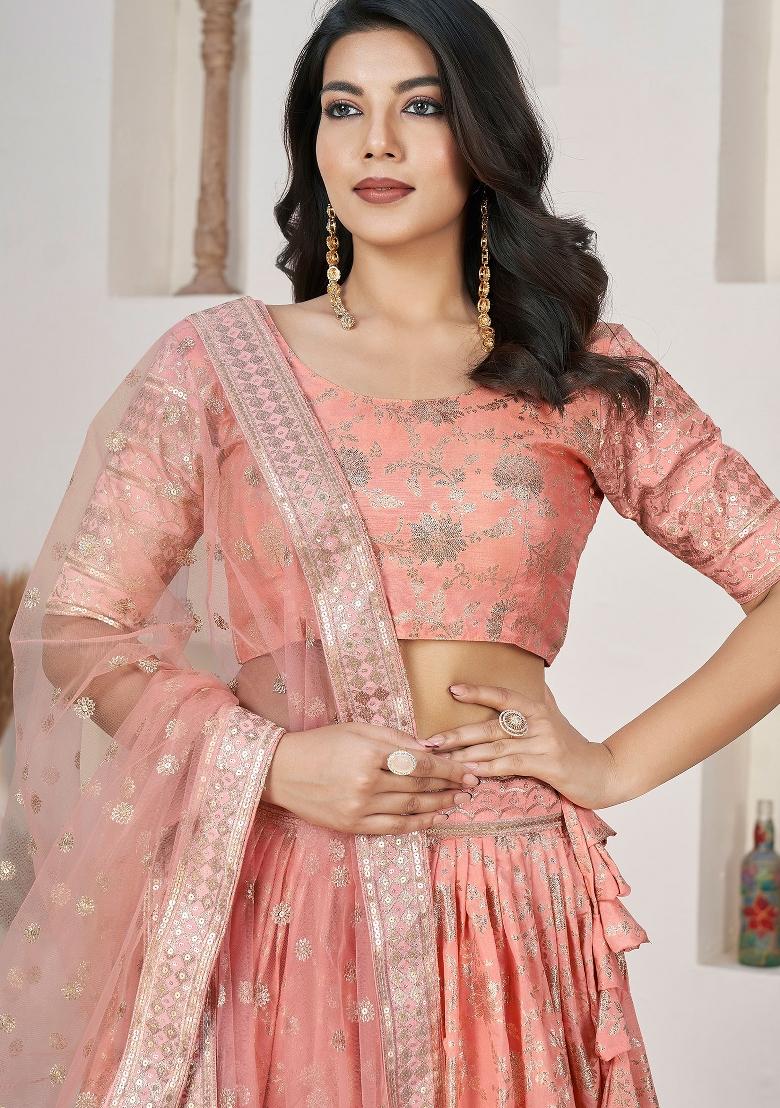 Peach Embroidered Jacquard Lehenga Set - Indya