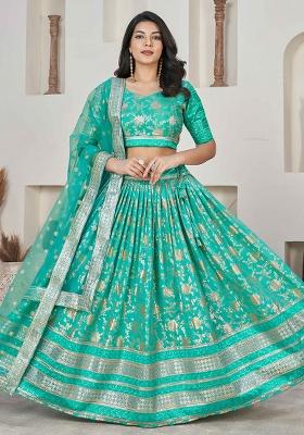 Blue Embroidered Jacquard Lehenga Set