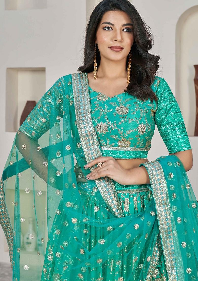 Blue Embroidered Jacquard Lehenga Set - Indya