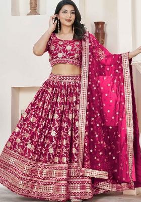 Pink Embroidered Jacquard Lehenga Set