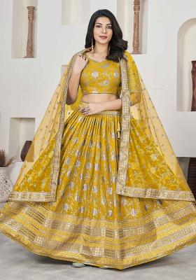 Yellow Embroidered Jacquard Lehenga Set