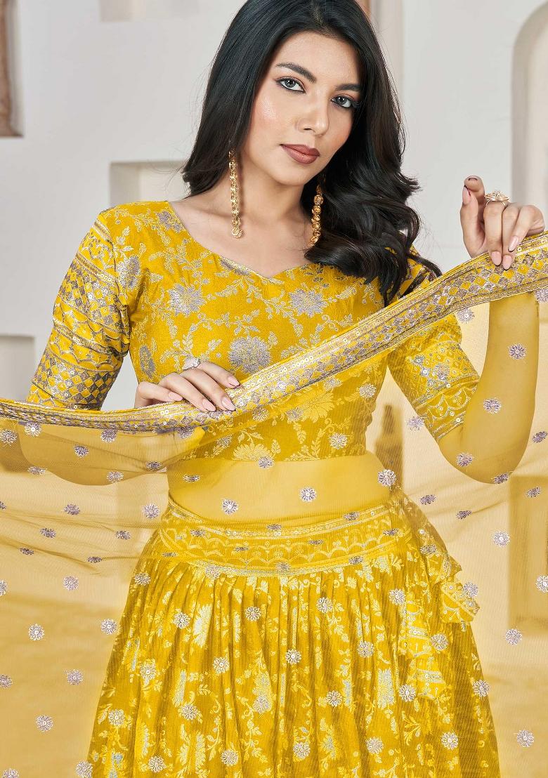 Yellow Embroidered Jacquard Lehenga Set - Indya