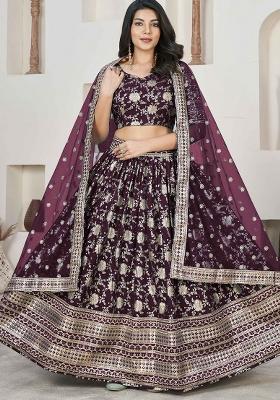 Wine Embroidered Jacquard Lehenga Set