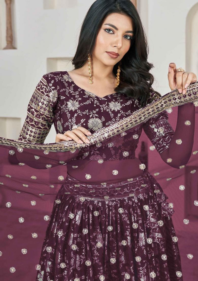 Wine Embroidered Jacquard Lehenga Set - Indya