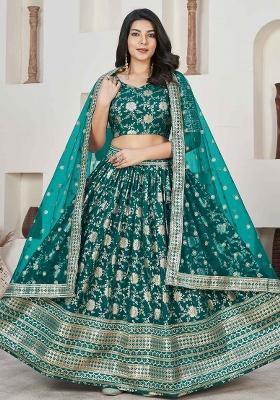 Teal Green Embroidered Jacquard Lehenga Set