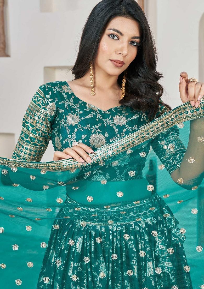 Teal Green Embroidered Jacquard Lehenga Set - Indya