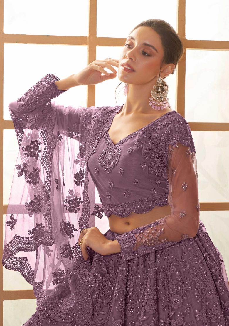 Purple Embroidered Net Lehenga Set - Indya
