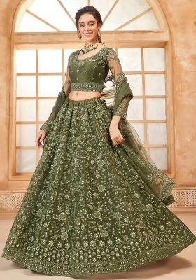 Olive Green Embroidered Net Lehenga Set