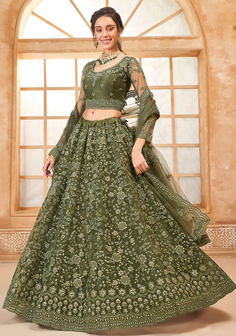 Olive Green Embroidered Net Lehenga Set - Indya
