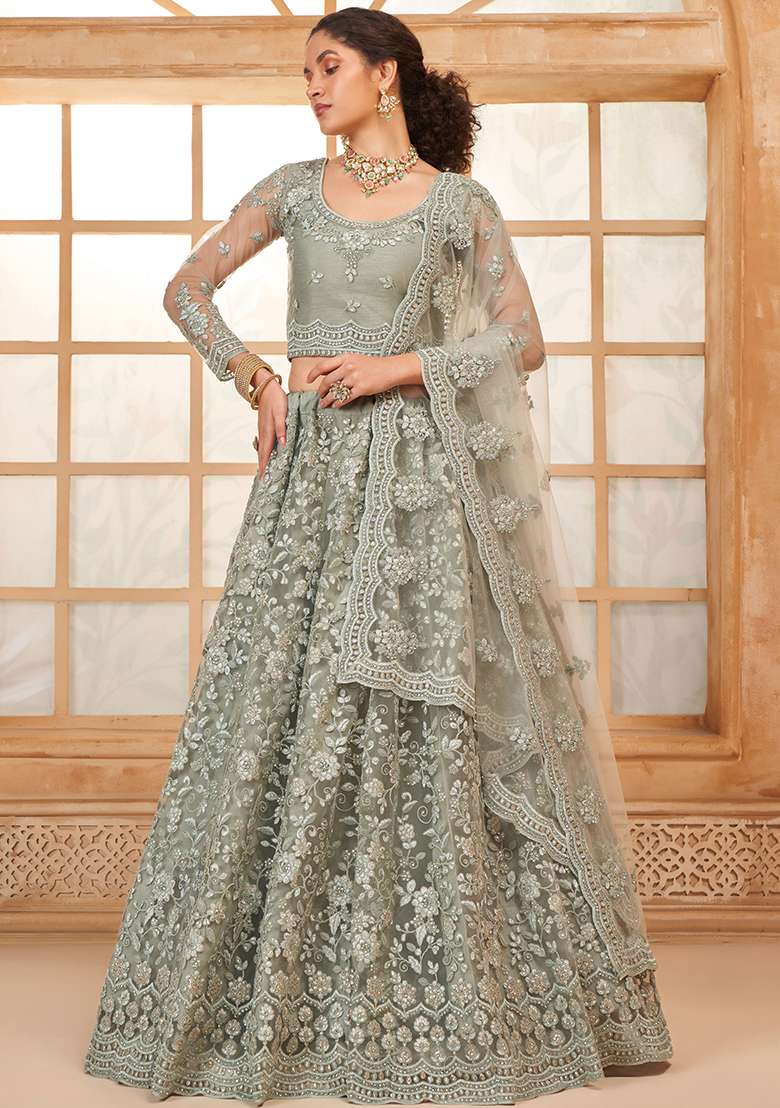 Dusty Green Embroidered Net Lehenga Set - Indya