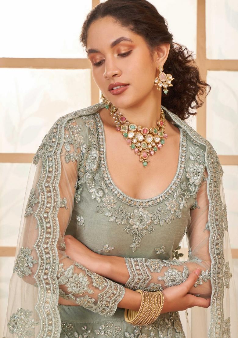 Dusty Green Embroidered Net Lehenga Set - Indya