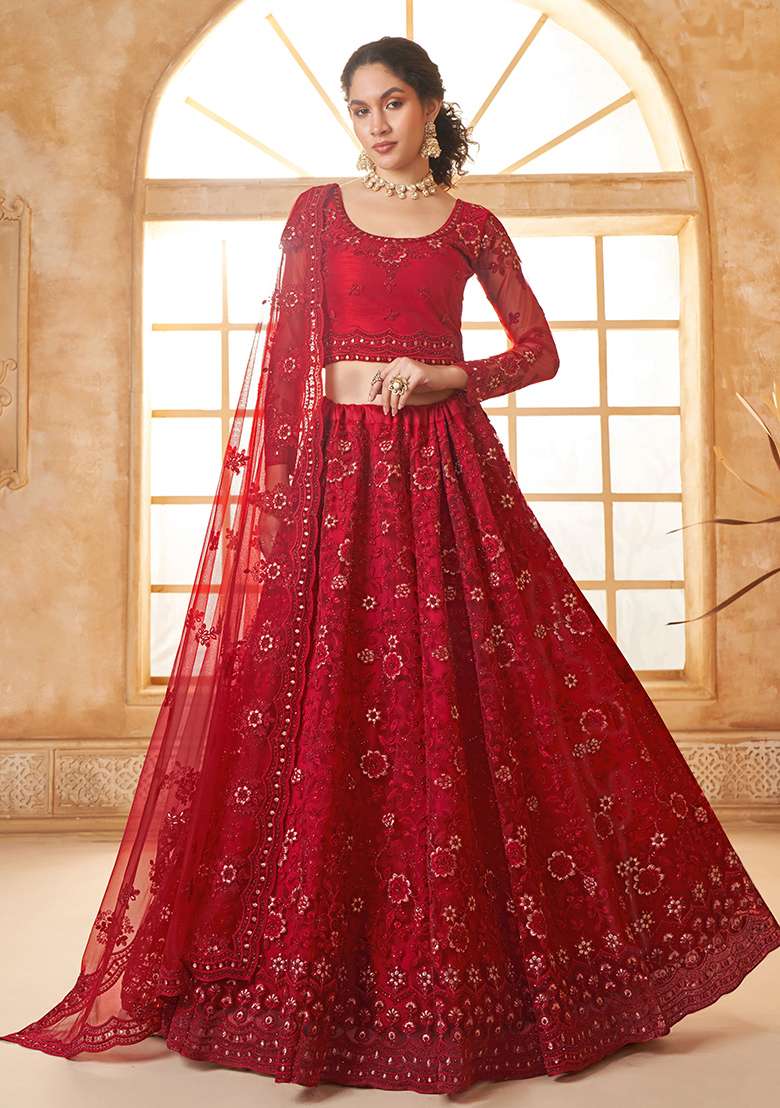 Red Embroidered Net Lehenga Set - Indya